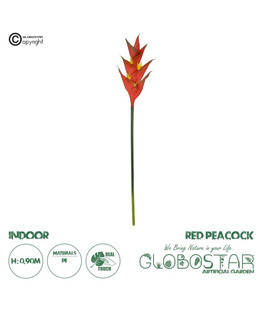 GloboStar® Artificial Garden RED PEACOCK BRANCH 21398 Τεχνητό Διακοσμητικό Κλαδί Κόκκινο πουλί του παραδείσου Y90cm